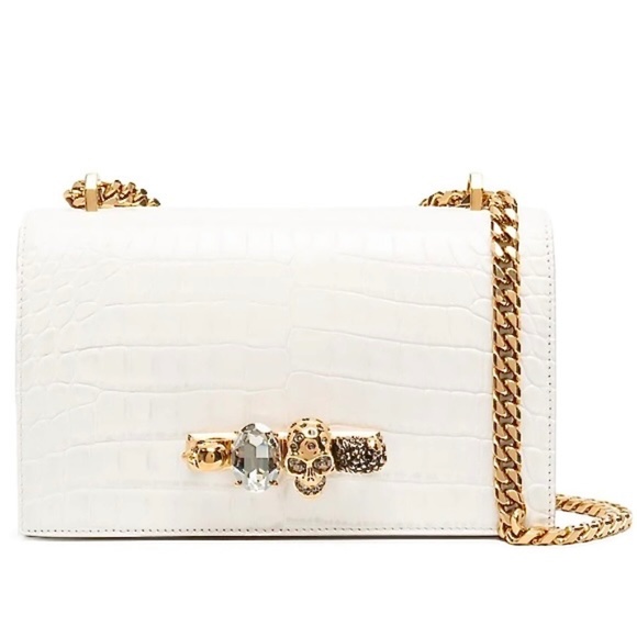 Alexander McQueen White Croc Embossed Medium Jewelled Satchel Shoulder B…